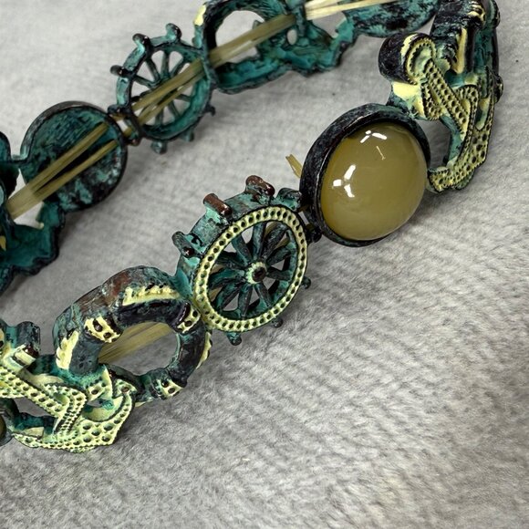 Nautical-Themed Stretch Bracelet Aged Patina Finish Tan Green Accents Distressed - Picture 12 of 16